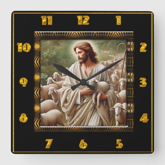 良き羊飼いヨハネ10:7忠実な羊飼い芸術 スクエア壁時計 (正面)