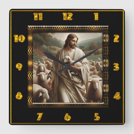 良き羊飼いヨハネ10:7慈悲の羊飼い スクエア壁時計 (正面)