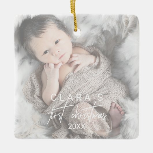 色あせお洒落フォト初めてのクリスマススクエア セラミックオーナメント (正面)