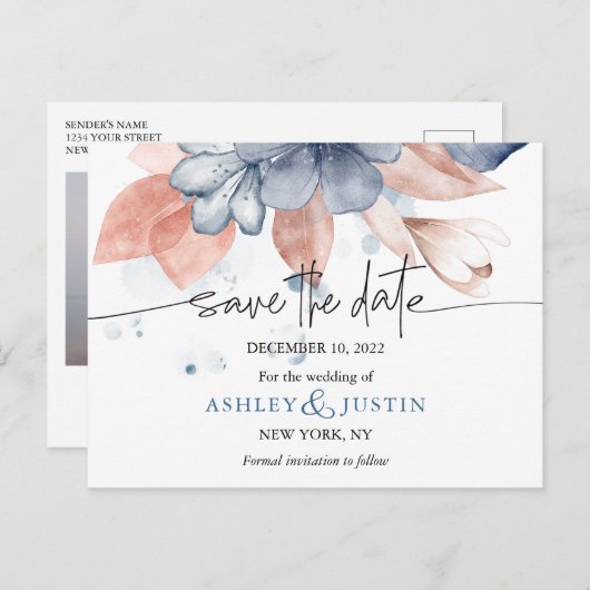 色あせたデニムと赤面スタイリッシュ日付ポストカードの保存 案内ポストカード (正面/裏面)