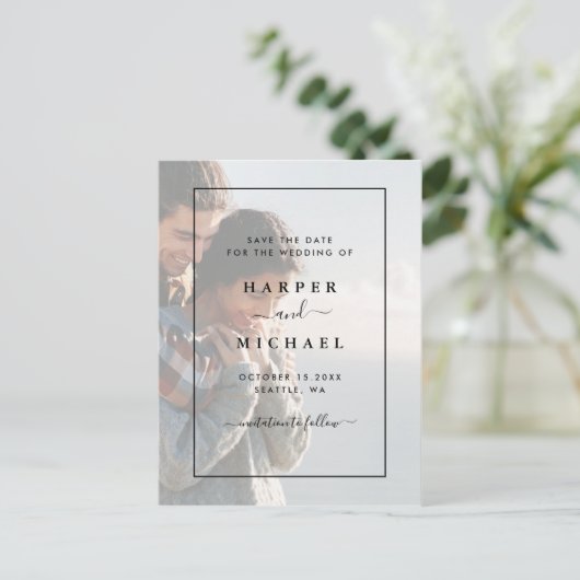 色あせたフォトエレガントな結婚式の日付を保存 ポストカード (スタンド正面)