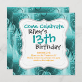 色あせたフローラ渦ティール(緑がかった色)ターコイズH用ブルーギフト 招待状 (正面/裏面)