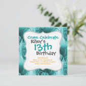 色あせたフローラ渦ティール(緑がかった色)ターコイズH用ブルーギフト 招待状 (スタンド正面)