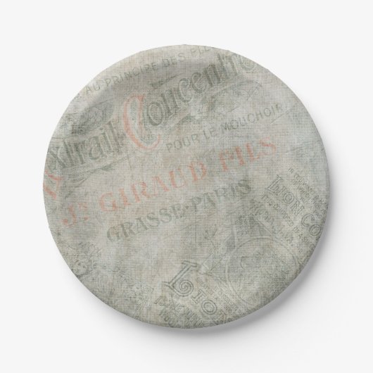 色あせたヴィンテージ紙パリジャン広告コラージュ ペーパープレート (正面)