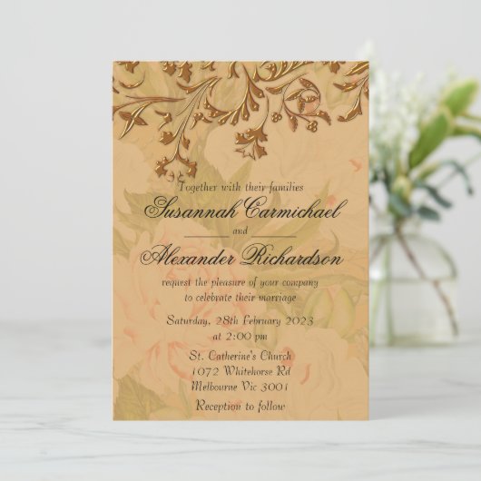 色あせた牡丹と収穫金ゴールド 招待状 (スタンド正面)