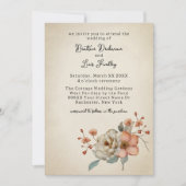 色あせた羊皮紙の上のコテージコア結婚ワイルドフラワーズ 招待状 (正面)