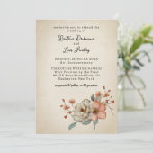 色あせた羊皮紙の上のコテージコア結婚ワイルドフラワーズ 招待状 (スタンド正面)