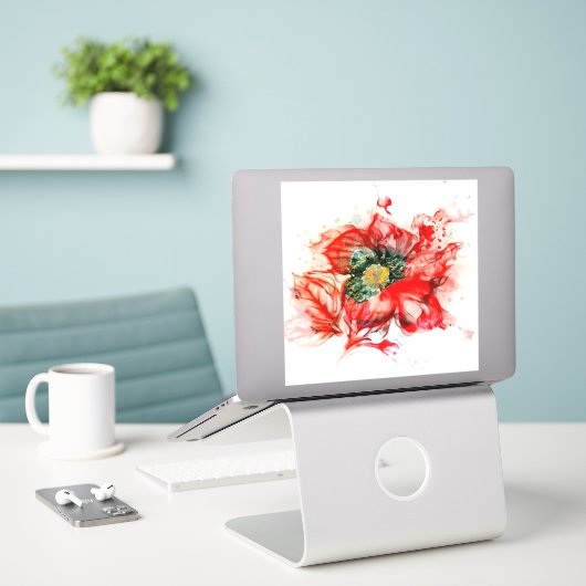 色あせた赤い水色のマクロの花 シール (デスク上のノートパソコン)