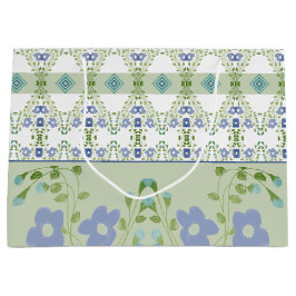 色あせた青のフローラ パターン（の模様が）ある ラージペーパーバッグ