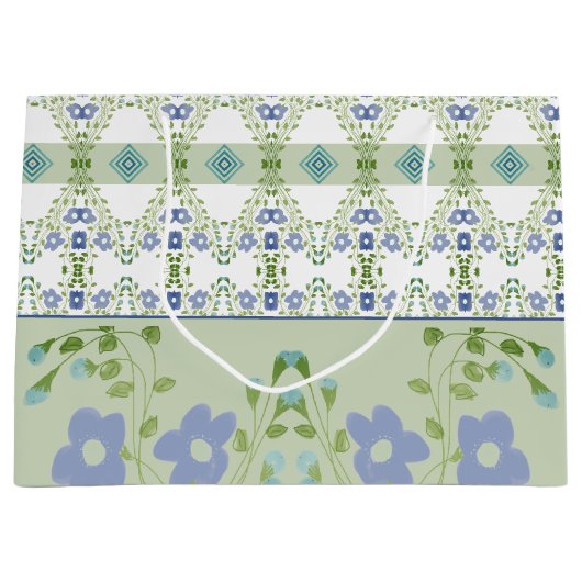 色あせた青のフローラ パターン（の模様が）ある ラージペーパーバッグ (正面)