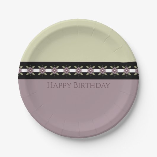 色あせ紫フローラアクセント付きデザイナーラウンド ペーパープレート (正面)