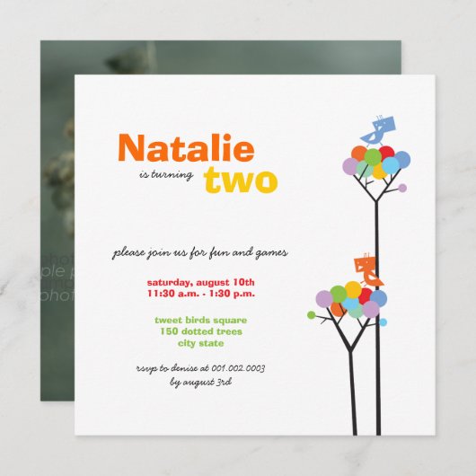 色お洒落点の鳥の木の子供たち2nd誕生日 招待状 (正面/裏面)