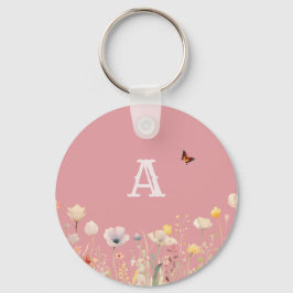 色かわいらし水彩ワイルドフラワーとモノグラム キーホルダー