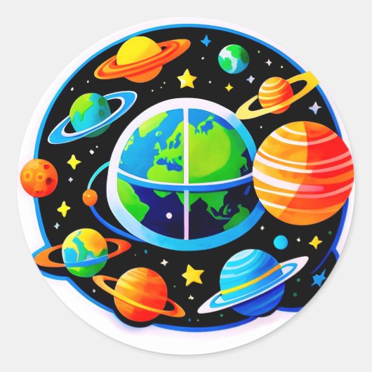 色とびらける惑星と地球のグローブ ラウンドシール (正面)