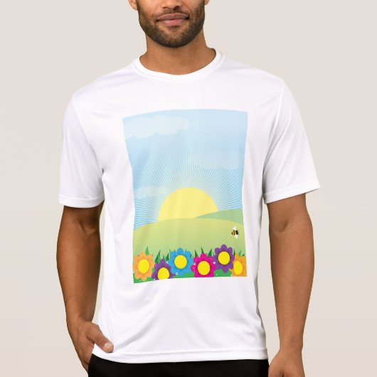 色とび花の春の牧場の日の出 Tシャツ (正面)