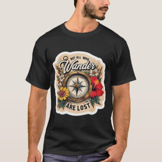 色とりどりのアンティーク真鍮コンパス 花に囲まれて Tシャツ