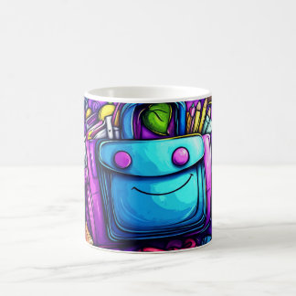 色とりどりの文房具に囲まれた青いリュックサック コーヒーマグカップ