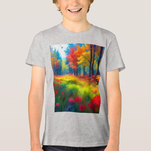 色とりどりの木々と花の森 トライブレンドTシャツ (正面)