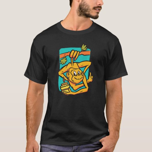 色とりどりの森の木の枝にとまるサル Tシャツ (正面)