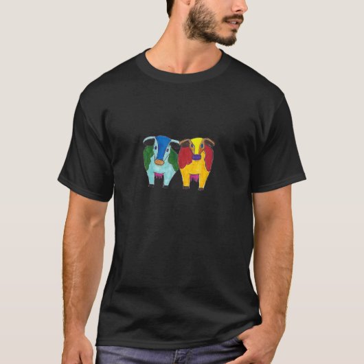 色とりどりの牛のハンドドローンデザイン Tシャツ (正面)