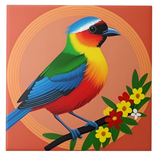 色とりどりの花々に囲まれたカラフルな鳥 タイル (正面)