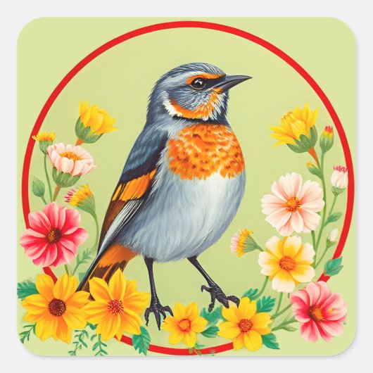 色とりどりの花々に囲まれた鳥 スクエアシール (正面)