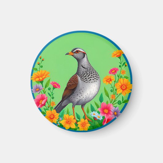 色とりどりの花々に囲まれた鳥 マグネット (正面)