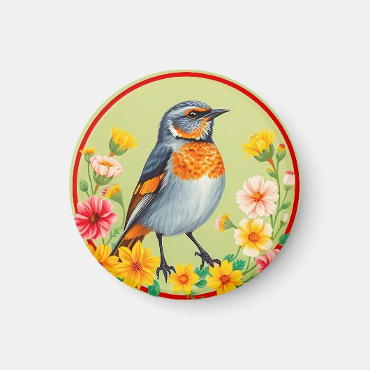 色とりどりの花々に囲まれた鳥 マグネット (正面)