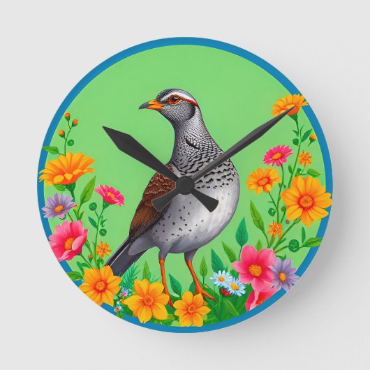 色とりどりの花々に囲まれた鳥 ラウンド壁時計 (正面)