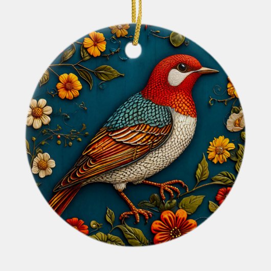 色とりどりの花々に止まる鳥 セラミックオーナメント (正面)