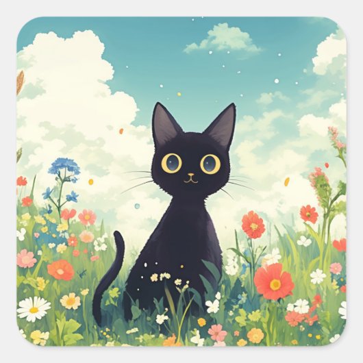 色とりどりの花々の間の好奇心旺盛な黒猫 スクエアシール (正面)