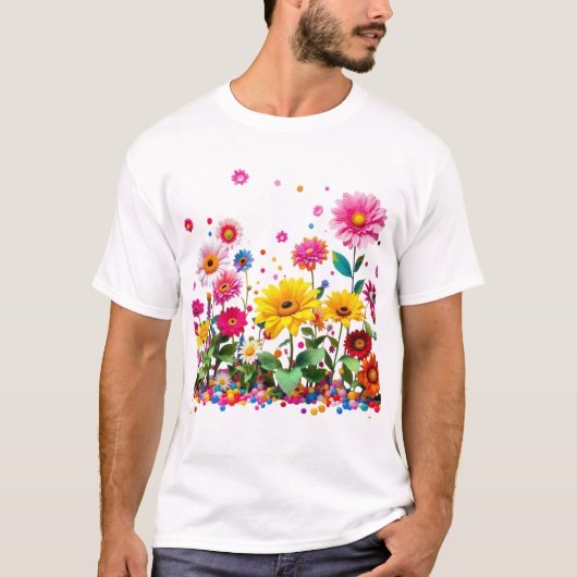 色とりどりの花が咲き誇る Tシャツ (正面)