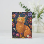 色とりどりの花とオレンジの猫 ポストカード (スタンド正面)