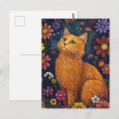 色とりどりの花とオレンジの猫 ポストカード (正面/裏面)