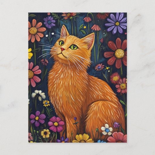 色とりどりの花とオレンジの猫 ポストカード (正面)
