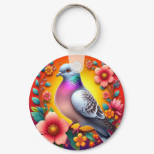 色とりどりの花に囲まれた鳩