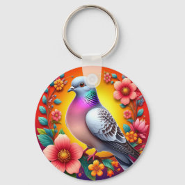 色とりどりの花に囲まれた鳩 キーホルダー