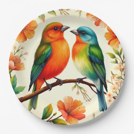 色とりどりの花に囲まれた2羽の鳥のペア ペーパープレート (正面)