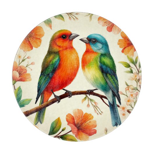 色とりどりの花に囲まれた2羽の鳥 カッティングボード (正面)