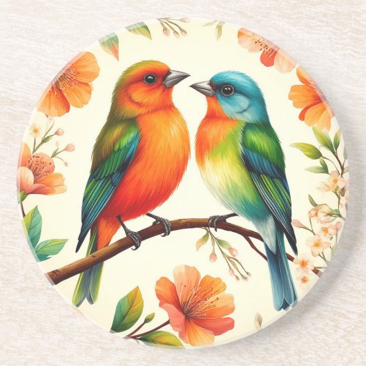 色とりどりの花に囲まれた2羽の鳥 コースター (正面)
