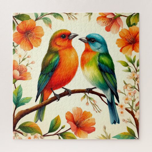 色とりどりの花に囲まれた2羽の鳥 ジグソーパズル (縦)