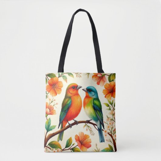 色とりどりの花に囲まれた2羽の鳥 トートバッグ (正面)