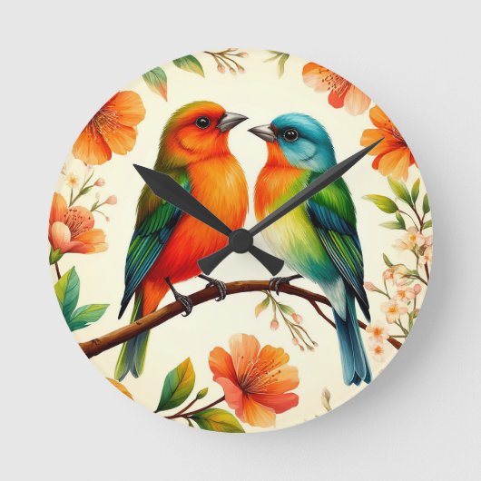 色とりどりの花に囲まれた2羽の鳥 ラウンド壁時計 (正面)