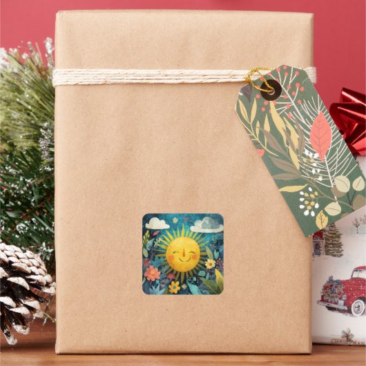 色とりどりの花に笑顔の太陽 スクエアシール (クリスマス)