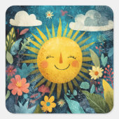 色とりどりの花に笑顔の太陽 スクエアシール (正面)