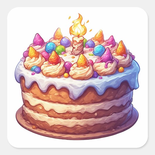 色とりどりの誕生日ケーキとロウソク スクエアシール (正面)