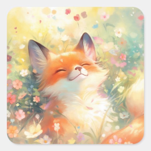 色とりどりの野の花に包まれたかわいい眠る赤狐 スクエアシール (正面)