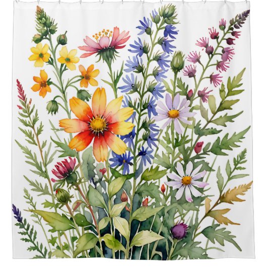 色とりどりの野の花の水彩画 シャワーカーテン (正面)