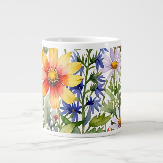 色とりどりの野の花の水彩画 ジャンボコーヒーマグカップ (正面)