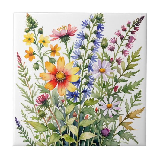 色とりどりの野の花の水彩画 タイル (正面)